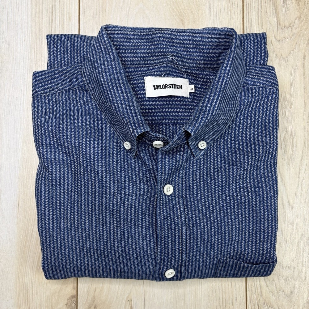 Taylor Stitch Shirt Mens 44 Large Organic Cotton Weave Stripe Button Blue